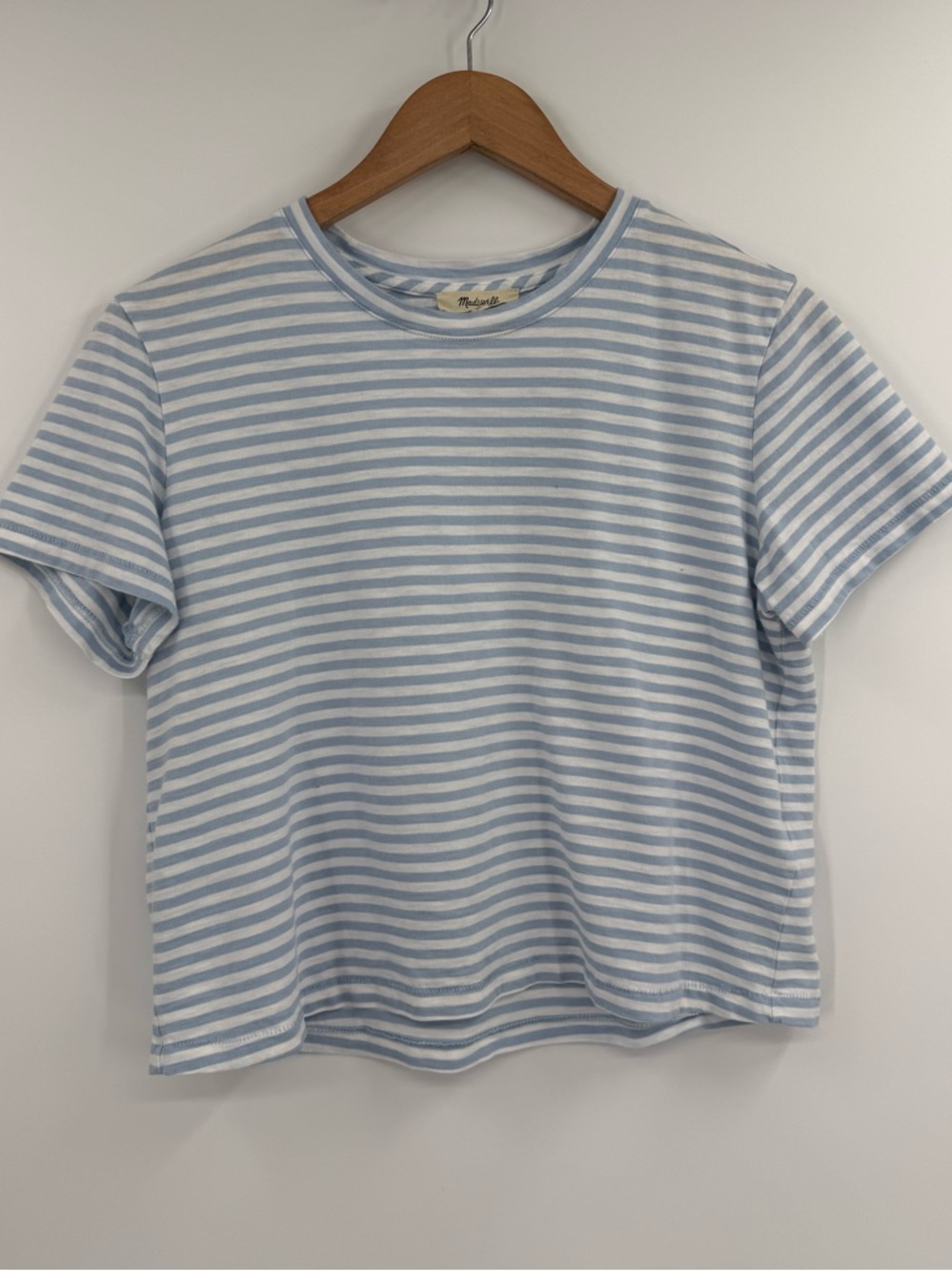 Madewell Light Blue and White Striped Short Sleeve Tee